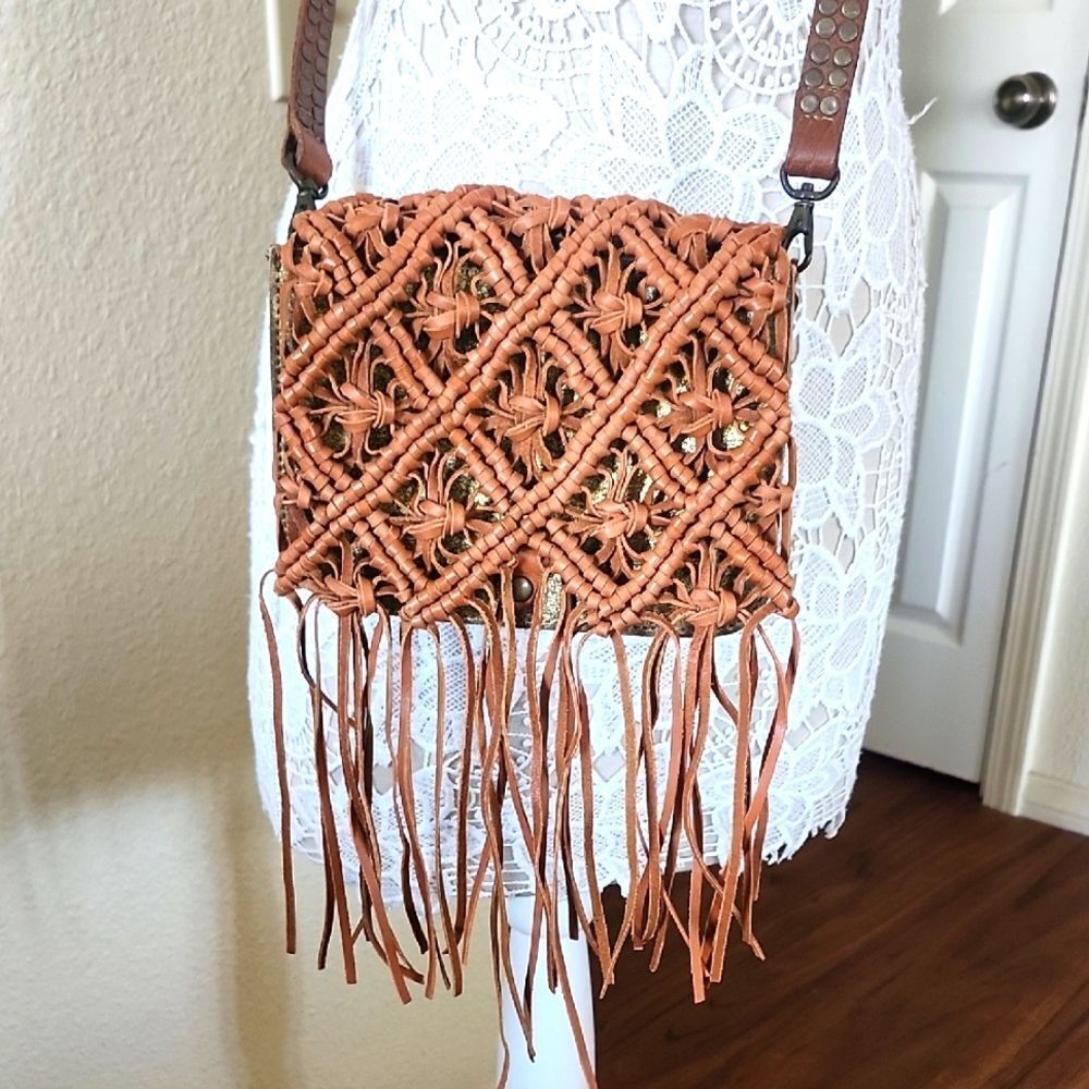 Anthropologie HOLDING HORSES Leather Macrame Retro Y2K 60's Western Boho Bag